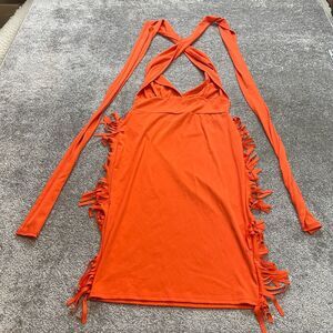 Chicme Dress Womens XXL Orange Halter Strappy Fringed Sides Solid Midi Party